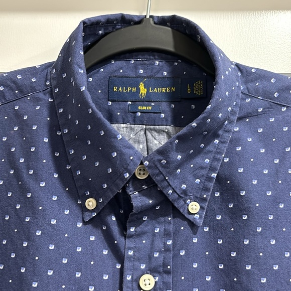 Ralph Lauren Shirt Navy Blue Short Sleeve Button Down Collar Men sz LG Slim Fit - Picture 4 of 5